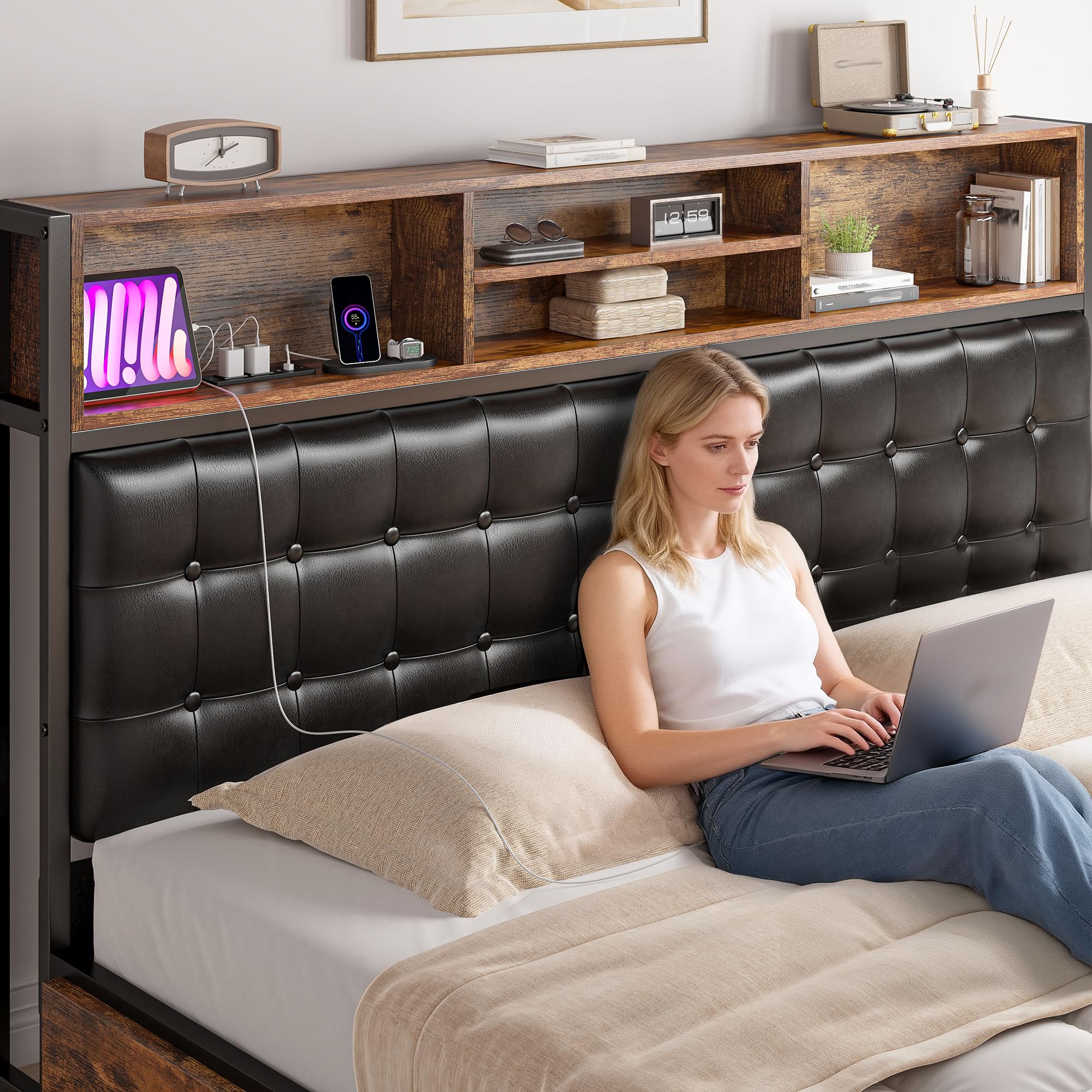 King Size Bed Frame with 4 Storage Drawers and Charging Station