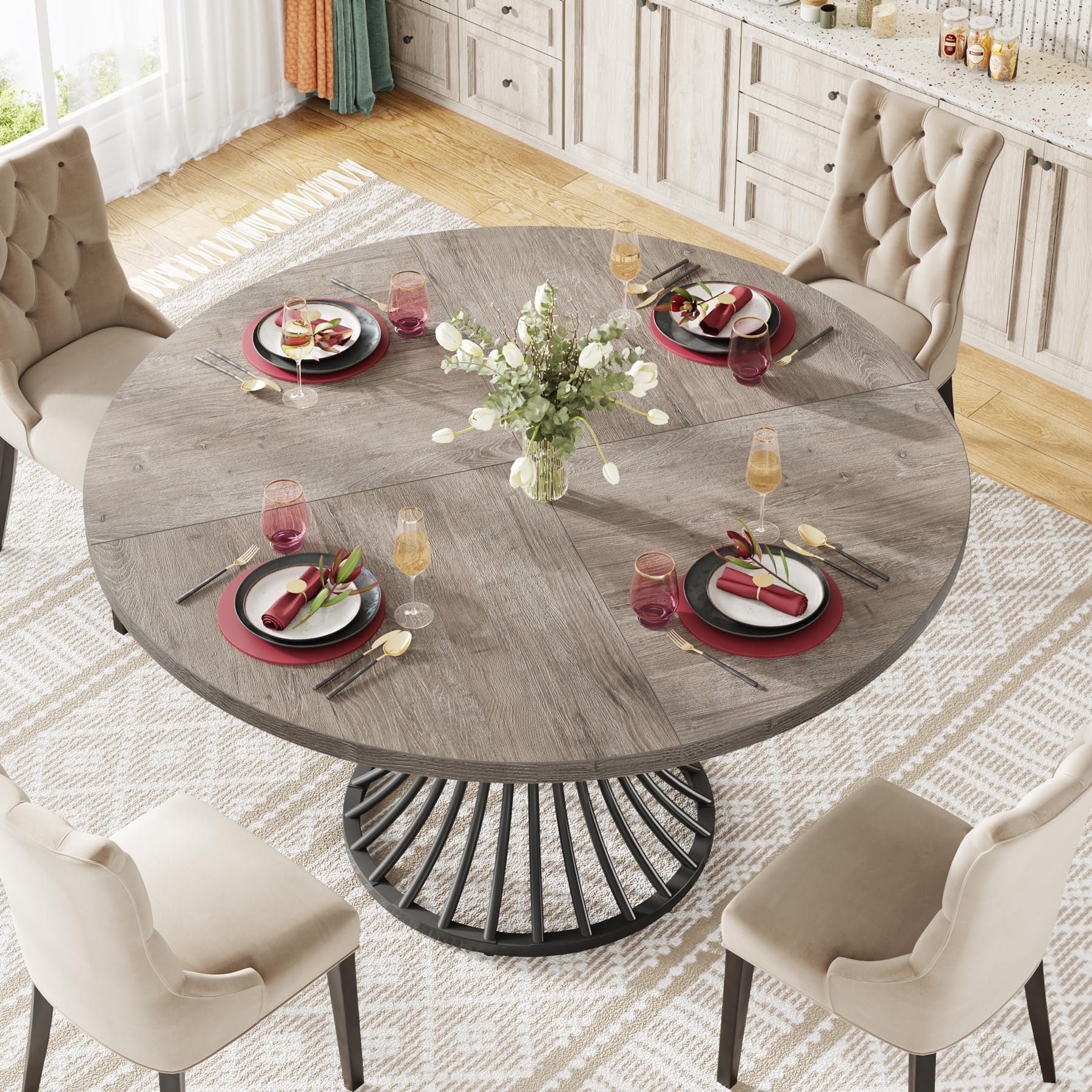 Round Dining Table, 47-Inch Farmhouse Dinning Room Table, Industrial Dinner Table