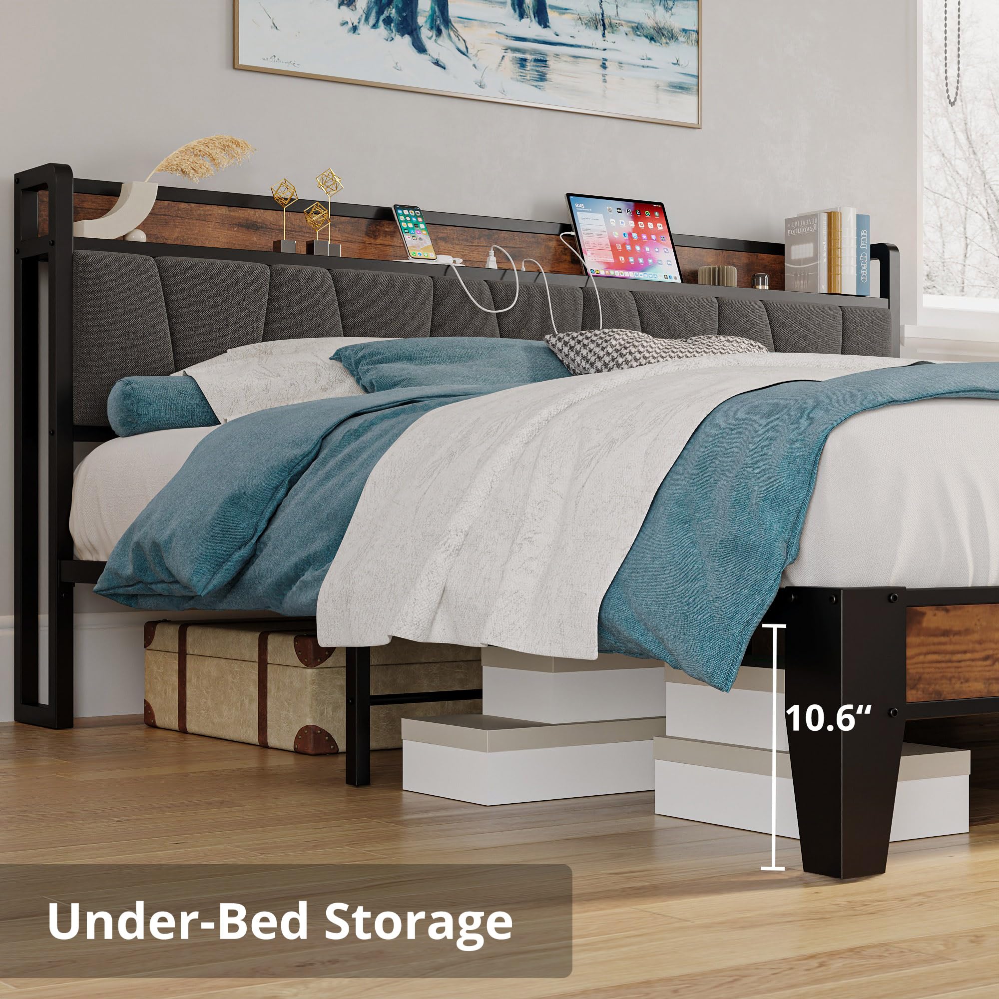 California King Bed Frames, Storage Headboard with Charging Station