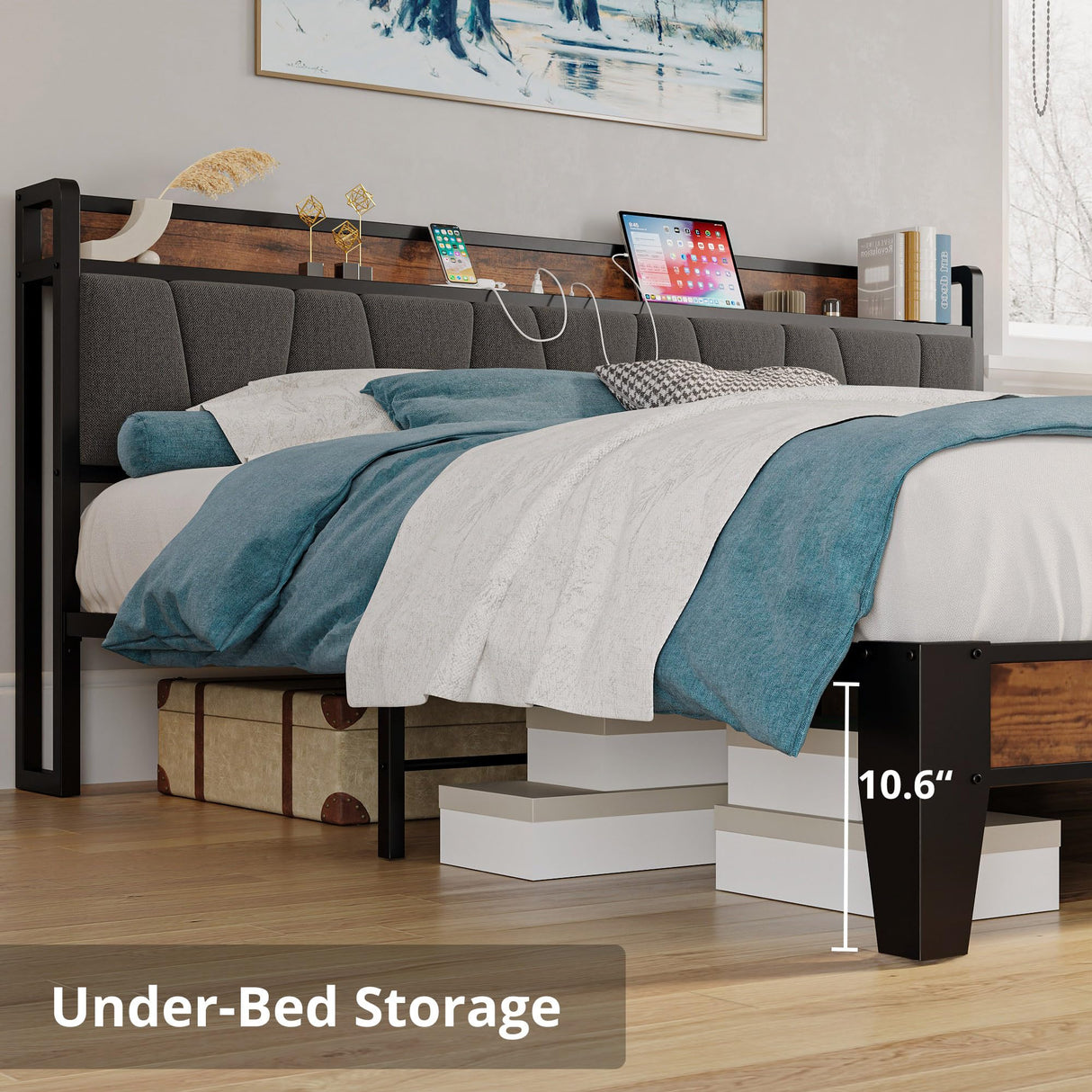 California King Bed Frames, Storage Headboard with Charging Station, Solid and Stable