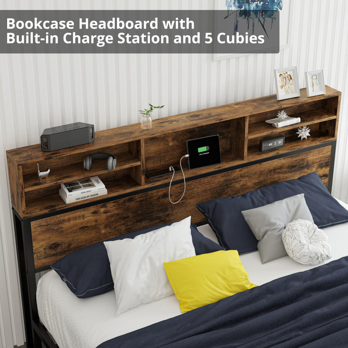 Queen Bed Frame with Tall Bookcase Headboard and Charging Station, Sturdy and No