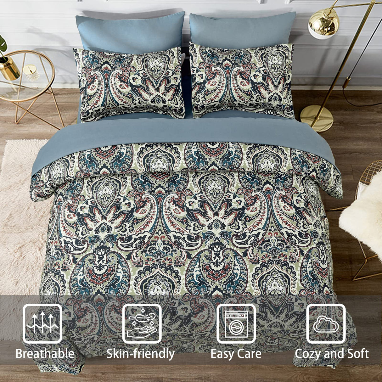 Boho Comforter Set King, 7 Pieces Bed in a Bag Comforter Boho Paisley Pattern Bedding