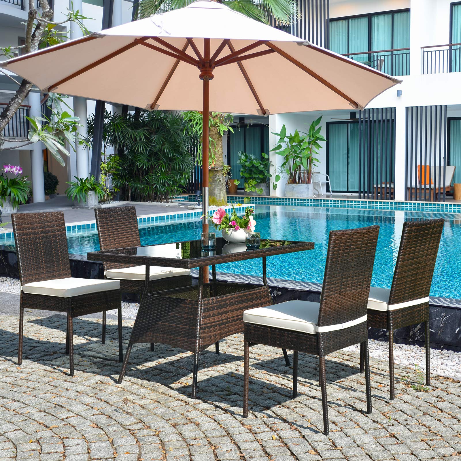 5 Piece Patio Wicker Dining Set, Outdoor Rattan Table and Chairs