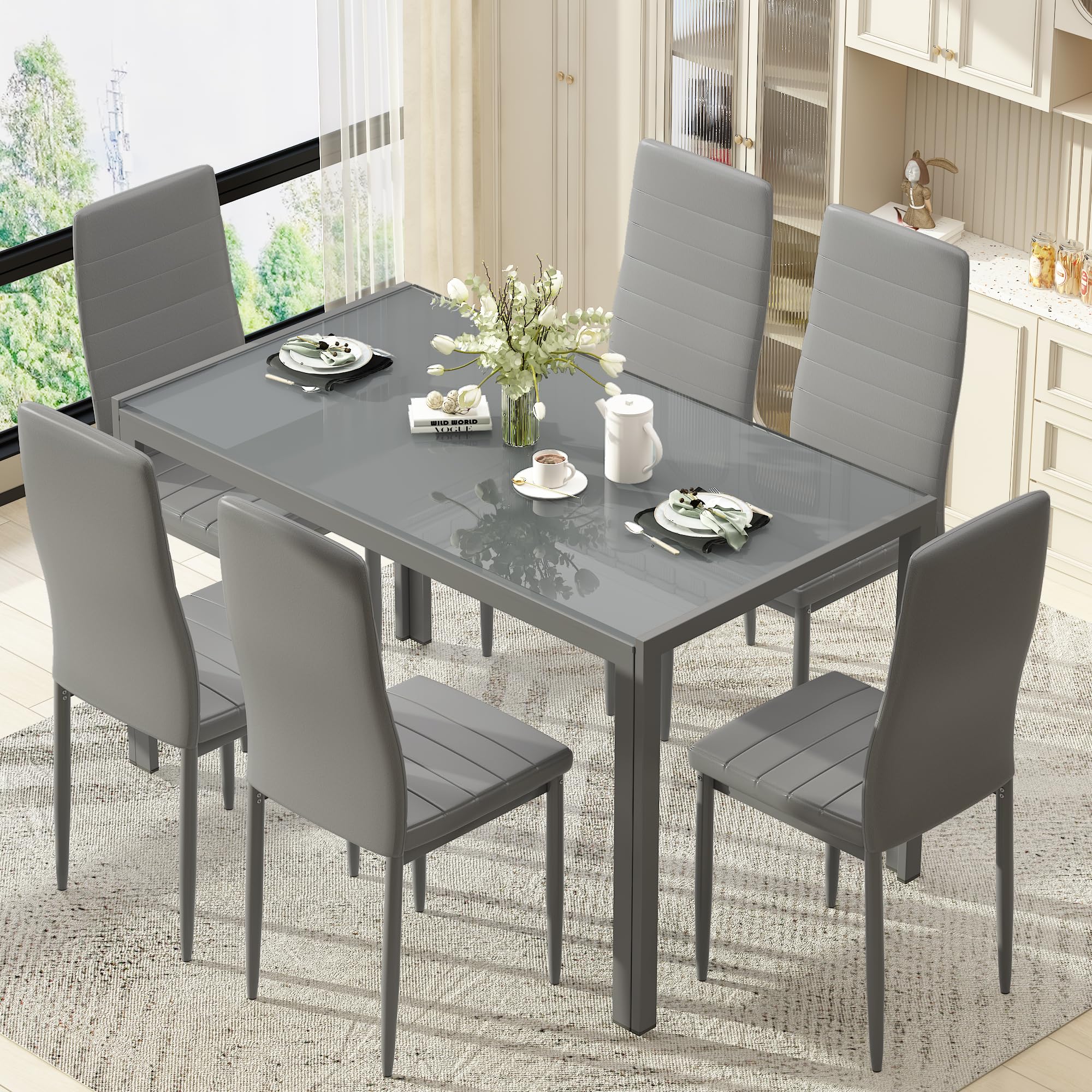 Glass Dining Table Set with 6 Chairs