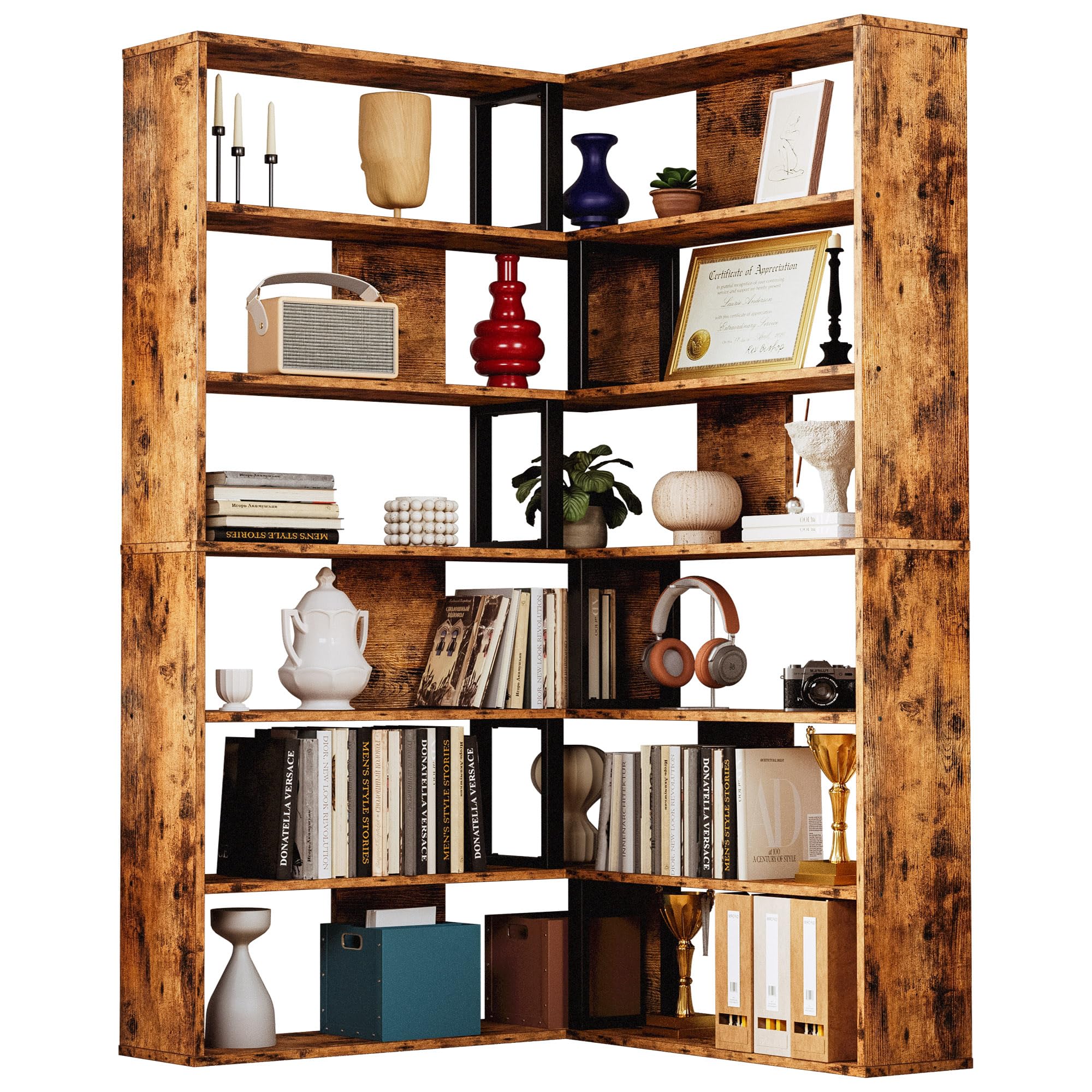 Bookshelves 6-Tier with Industrial Large Corner Etagere Shelf Bookcases Display Storage Shelves for Home Office, Living Room, Bed Room, Vintage Brown