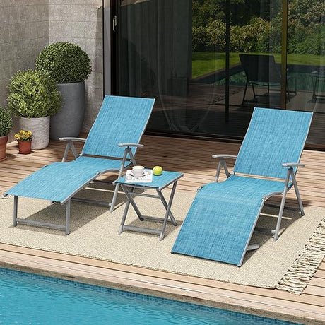 3PCS Outdoor Chaise Lounge & Table Set, Textiline Folding Chaise with Side Table,