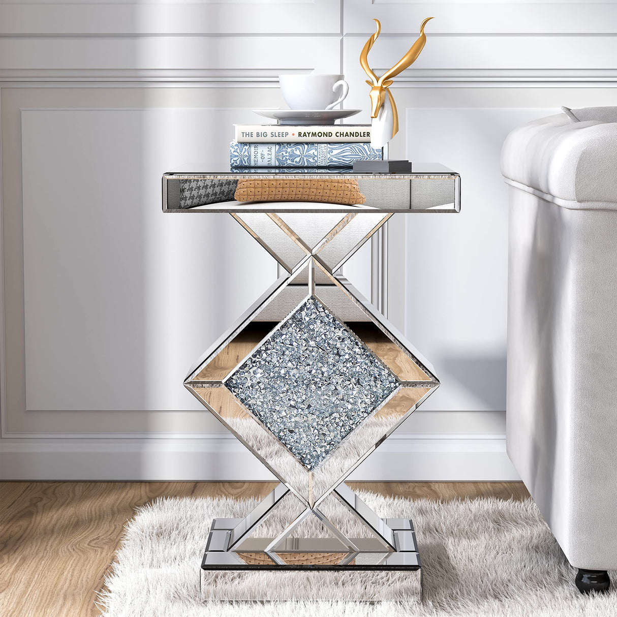 Mirrored End Table with Crystal Inlay, Square Modern Side Table Silver Accent Table