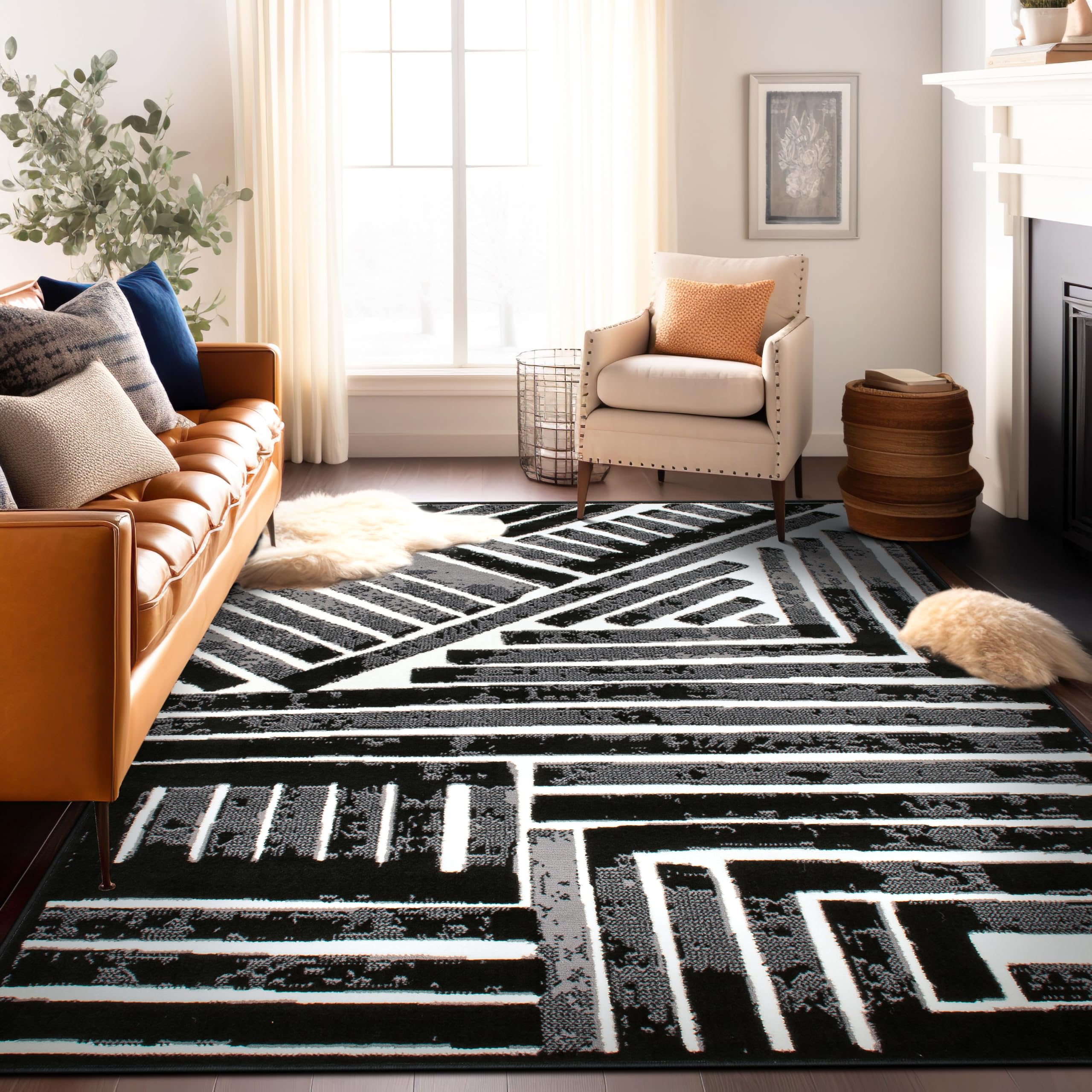 Rugshop Contemporary Stripe Design High Traffic Area Rug 7'10" x 10' Black