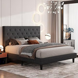 King Bed Frame with Adjustable Diamond Stitched Button Tufted Headboard