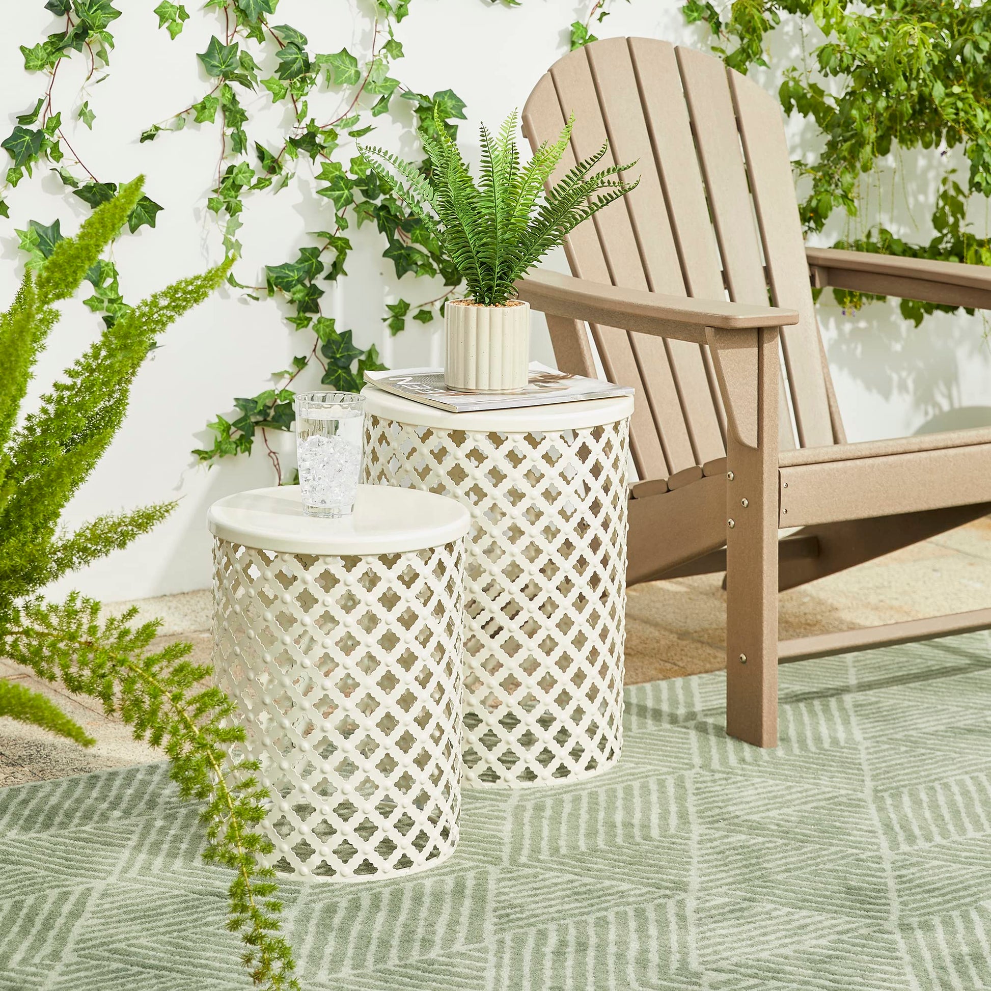 Glitzhome Outdoor Side Table Set of 2, Decorative Garden Stool for Indoor Outdoor Heavy Duty Metal Frame Accent Table Modern End Table, Glossy White - Bircata