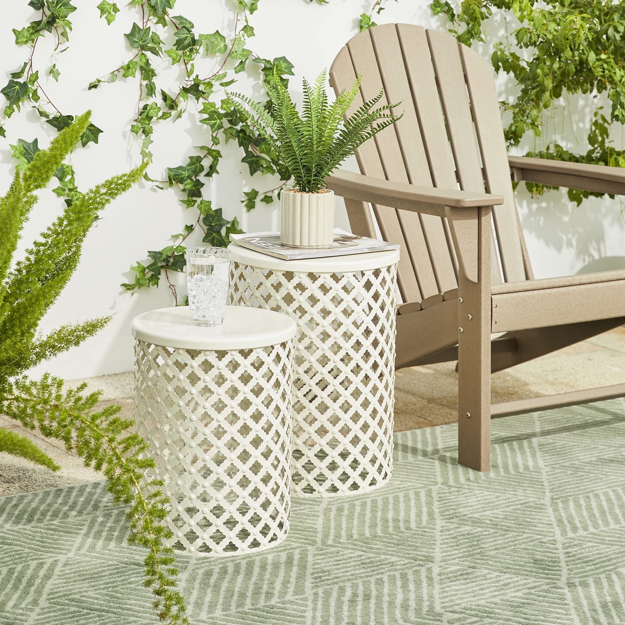 Glitzhome Outdoor Side Table Set of 2, Decorative Garden Stool for Indoor Outdoor Heavy Duty Metal Frame Accent Table Modern End Table, Glossy White - Bircata