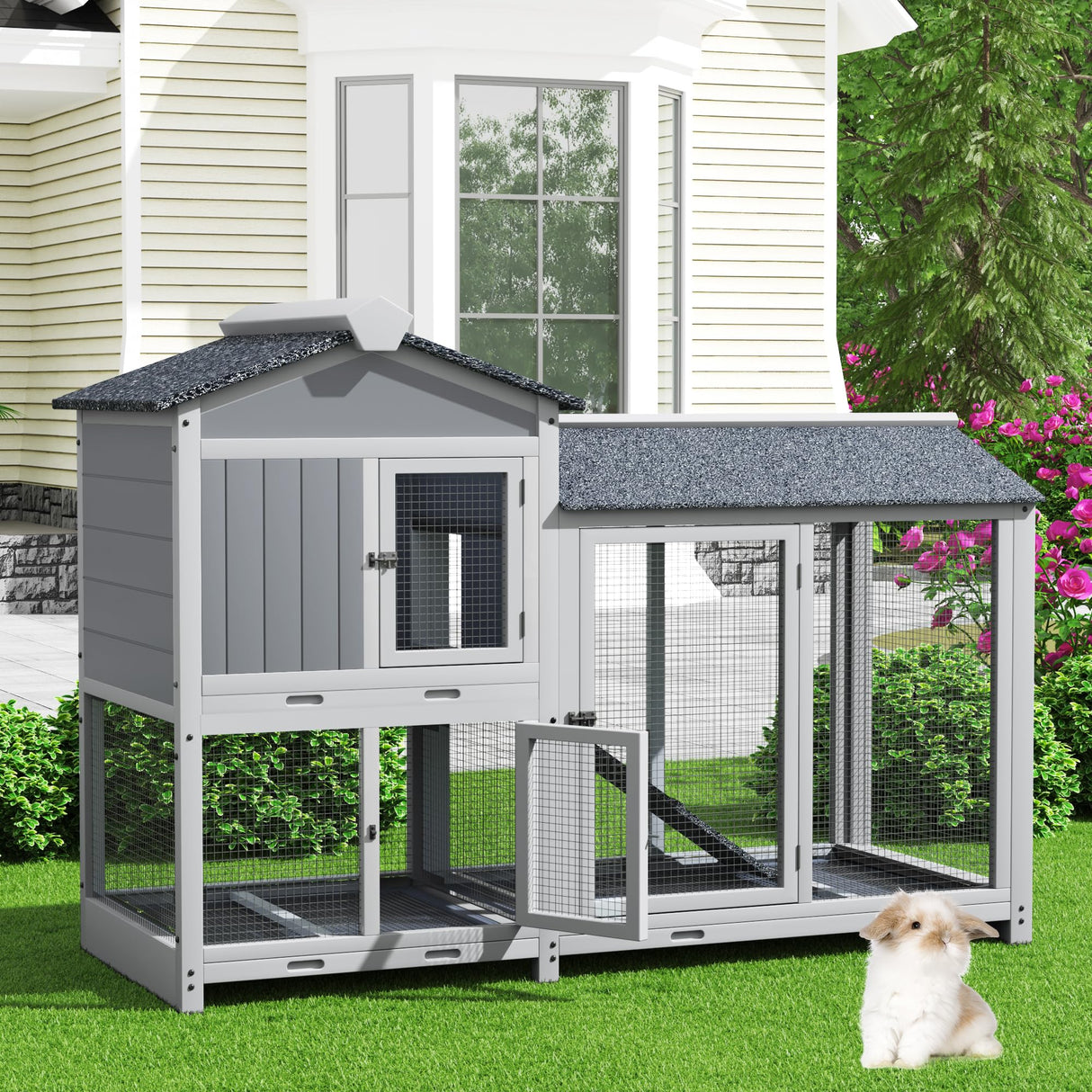 Rabbit Hutch Indoor Outdoor Bunny Cage 63” Guinea Pig Cage 2 Story Rabbit House