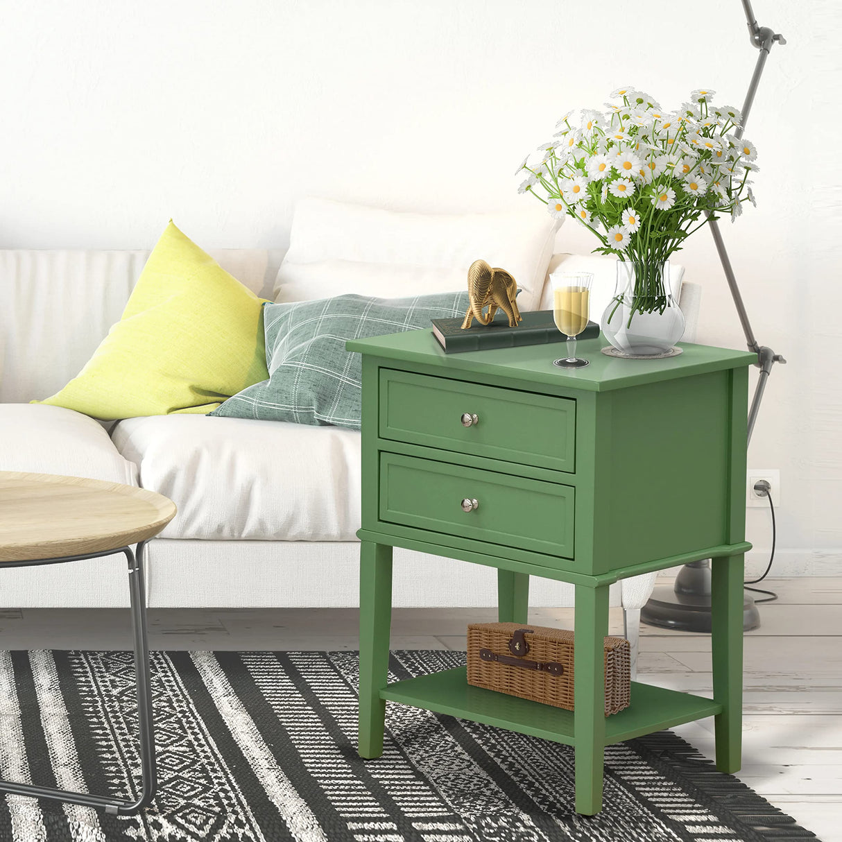 East West Furniture Valencia Night Stand-Rectangle End Table with 2 Drawers for Bedroom, 16x22 Inch, Clover Green