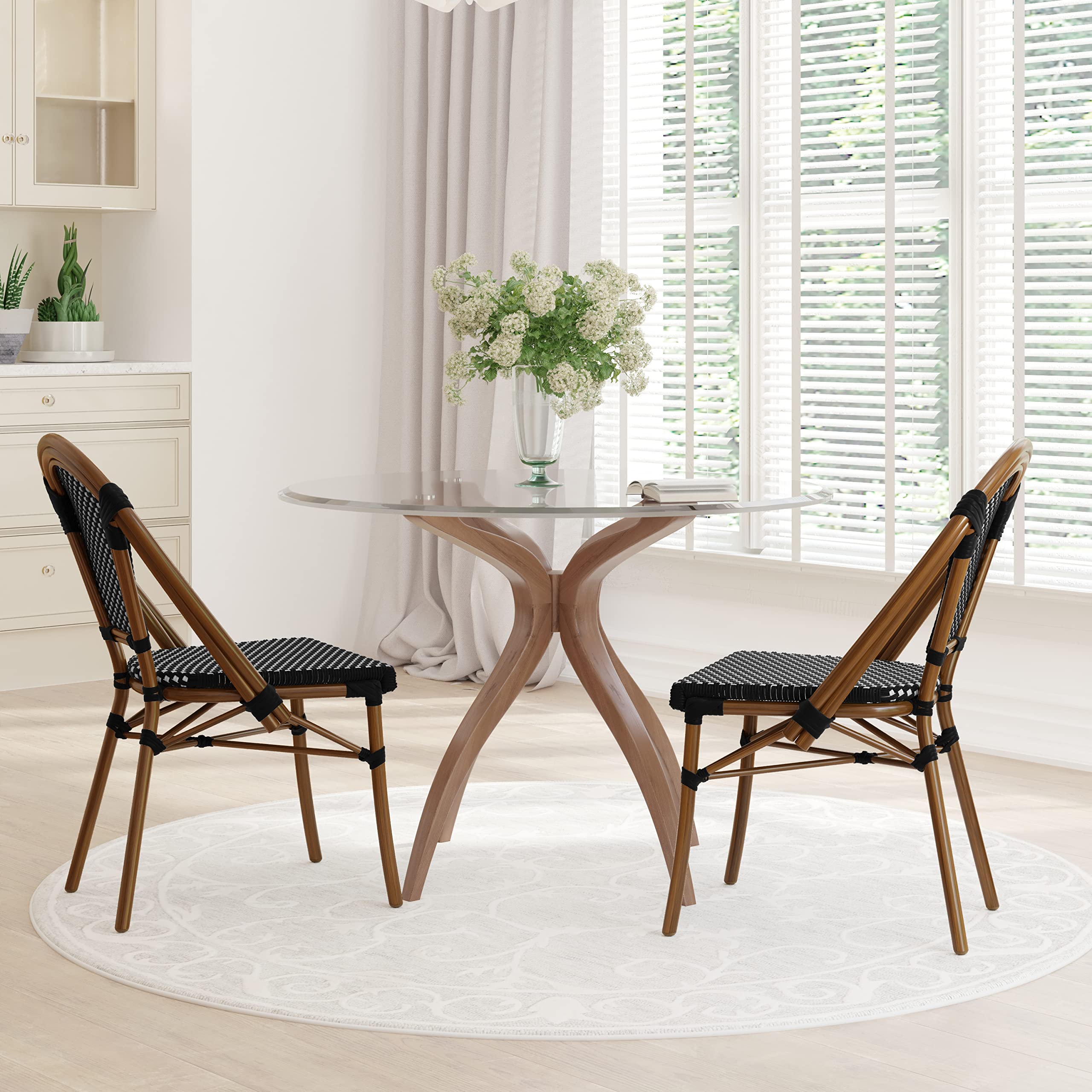 Soie Bistro Chair - Black & White Woven PE Seat and Back - Bamboo Finish