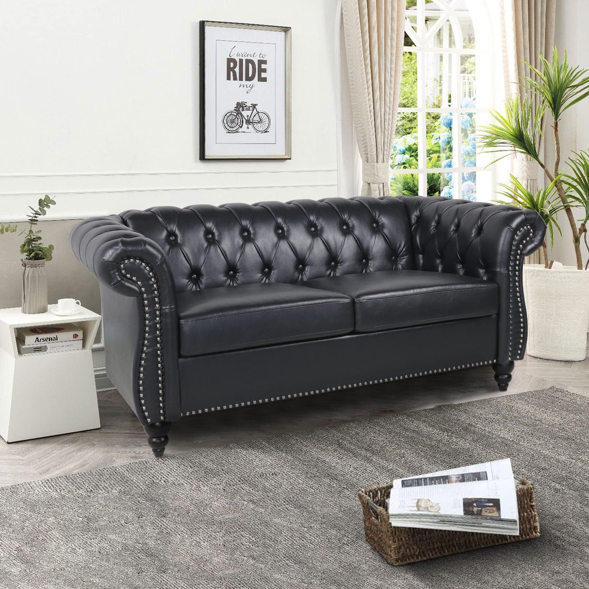 Chesterfield Loveseat Leather, Modern Upholstered Tufted Couch 2 Seater with Rolled