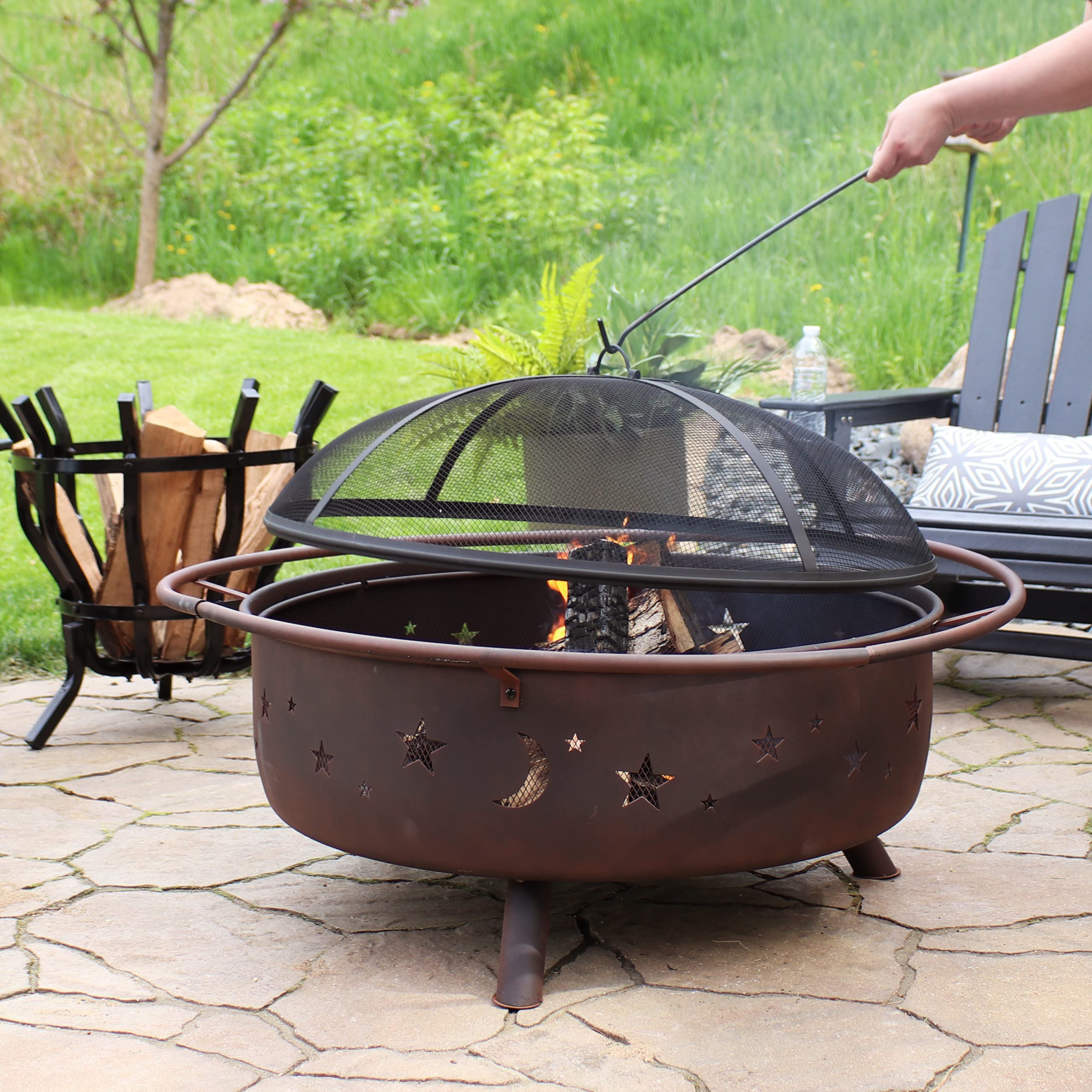 Cosmic 42-Inch Large Outdoor Fire Pit - Wood-Burning Fire Pit with Round Spark Screen