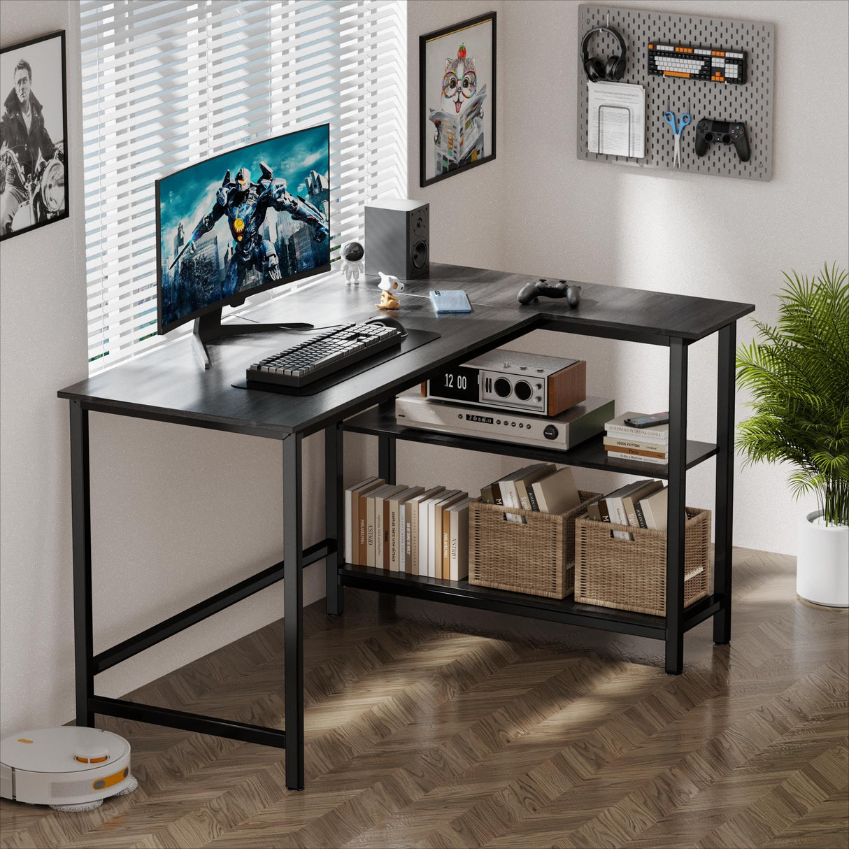 L Shaped Computer Desk - Home Office Desk with Shelf, Gaming Desk Corner Table for Work, Writing and Study, Space-Saving, Black