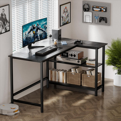 WOODYNLUX L Shaped Computer Desk - Home Office Desk with Shelf, Gaming Desk Corner Table for Work, Writing and Study, Space-Saving, Black