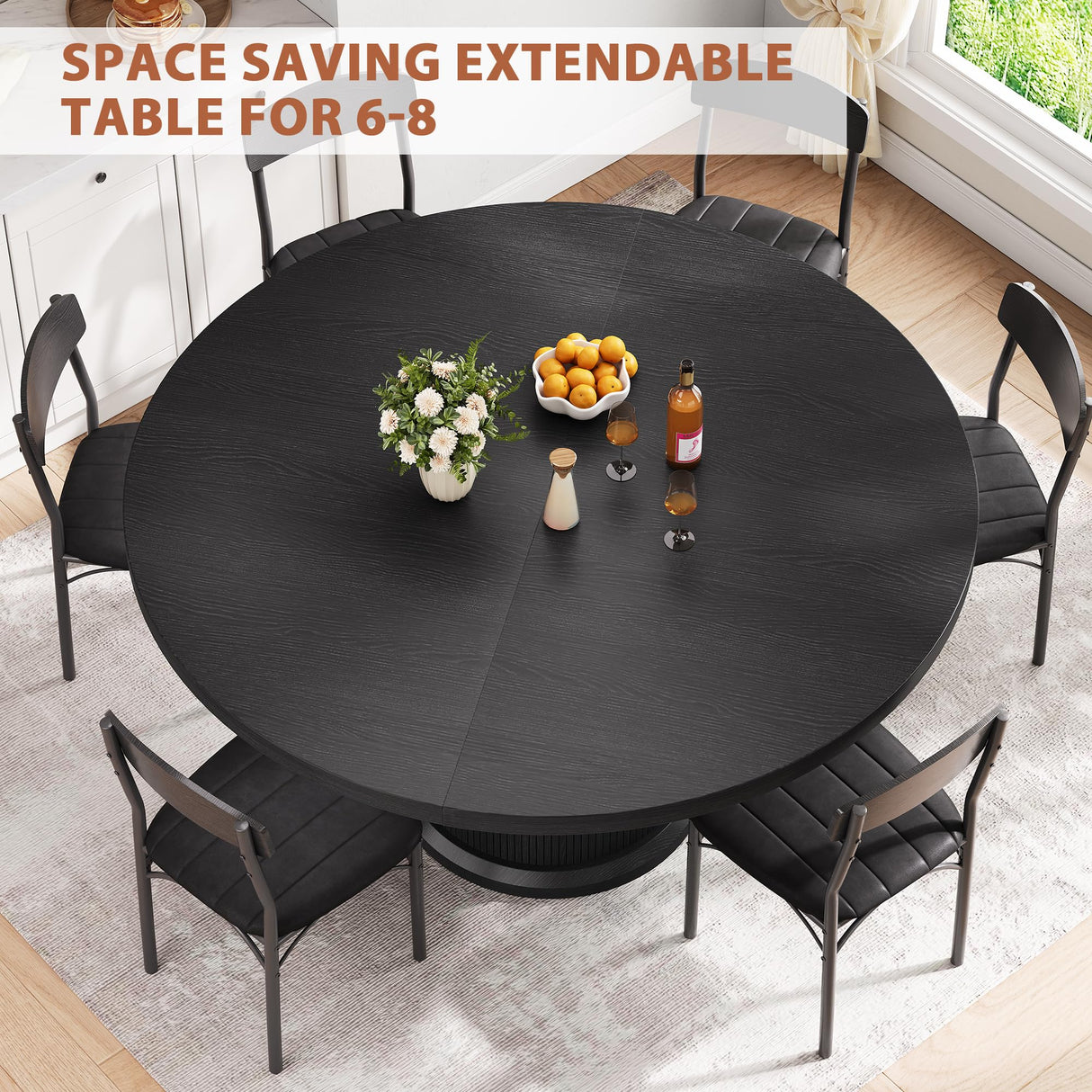 63" Extendable Round Dining Table for 4-6 with Storage Shelf