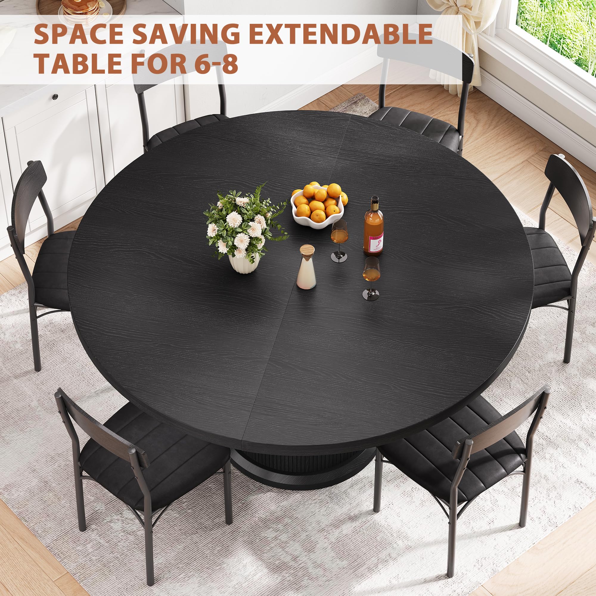 63" Extendable Round Dining Table for 4-6 with Storage Shelf