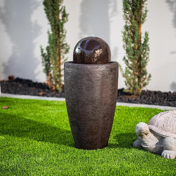 25.98" H Round Stone Indoor/Outdoor Modern Stone Textured Sphere Water Fountain