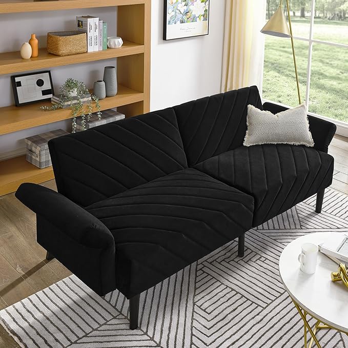 Velvet Futon Sofa Bed Couch, Convertible Sleeper Sofa with Adjustable Armrests and Backrest,