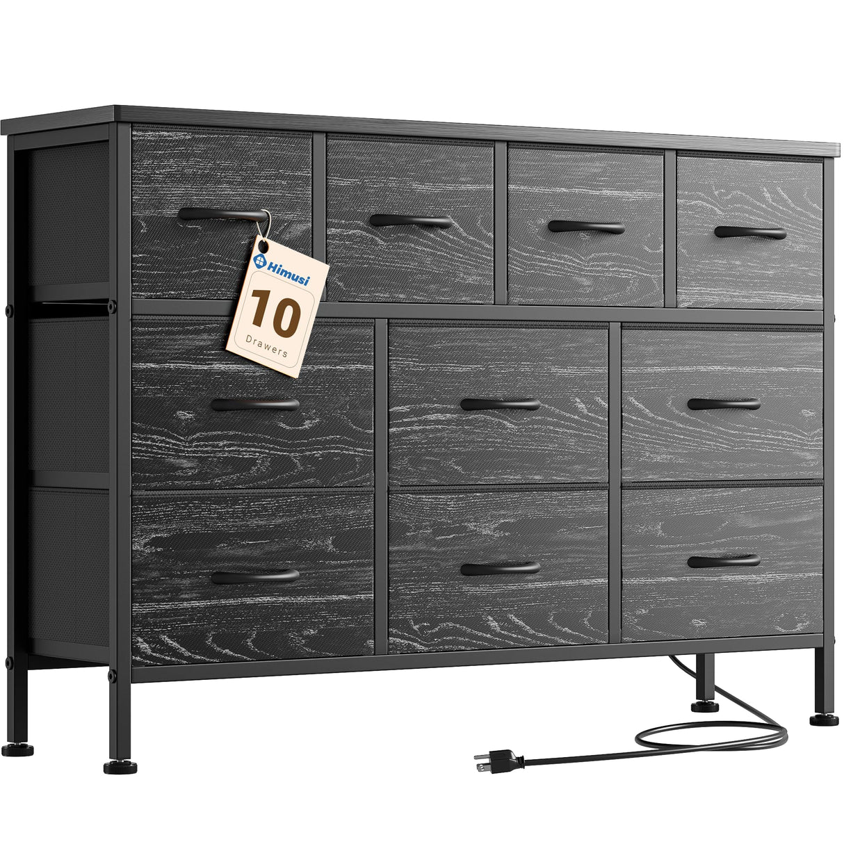 Black Dresser for Bedroom with Charging Station and 10 Drawers, Large Fabric Chest