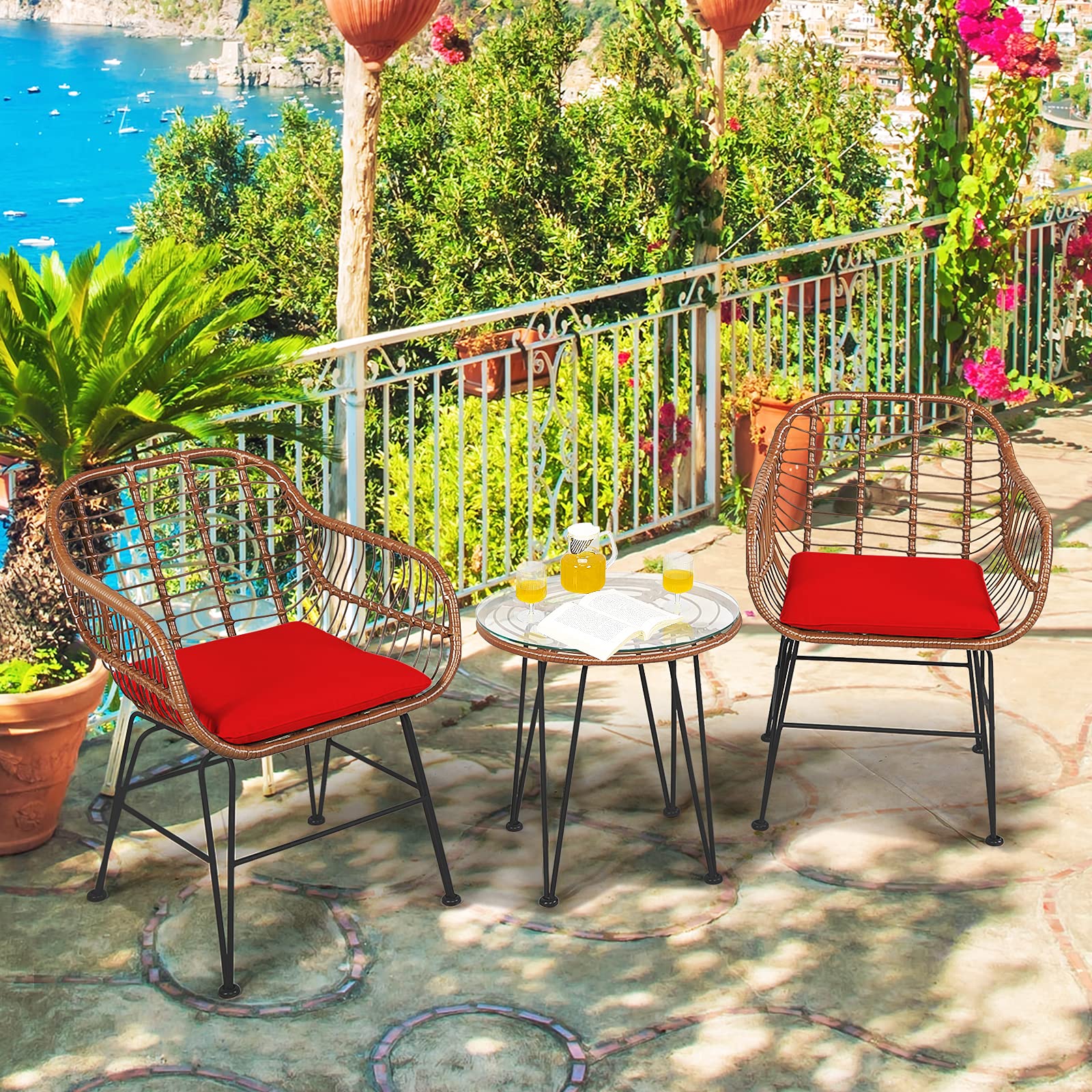 3-Piece Patio Bistro Set PE Rattan Wicker Armchairs and Coffee Table Set with Cushions