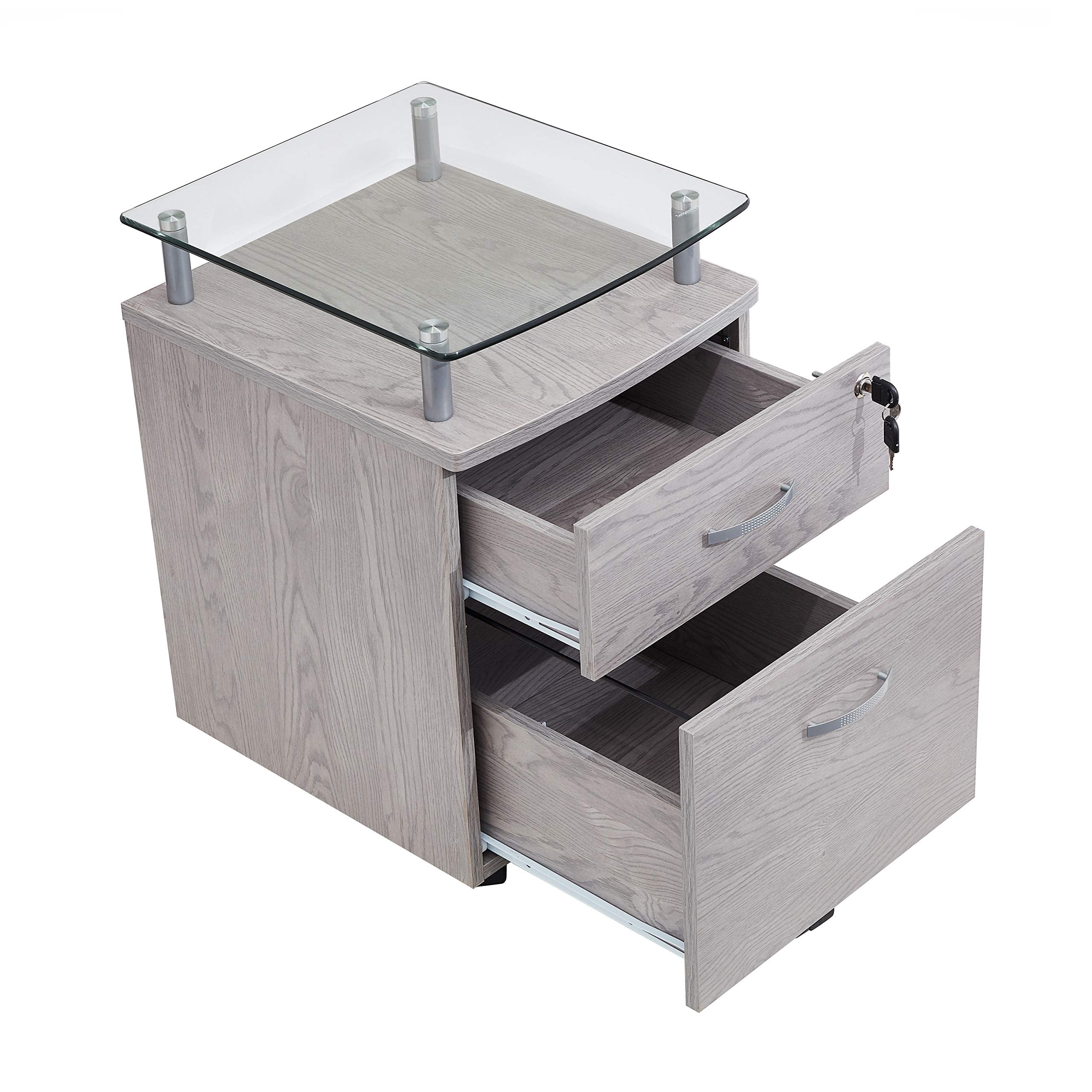 2-Drawer Rolling File Cabinet with Lock and Glass Top, Under Desk File Cabinet