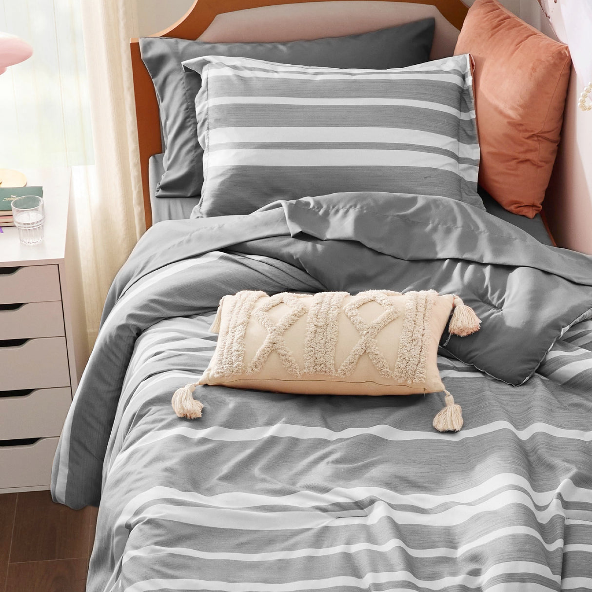 Bedsure Twin Comforter Set 5 Pieces, Gray White Striped Twin Bedding Sets All Season Bed Set, Twin Bed in a Bag with Comforter, Sheets, Pillowcase & Sham