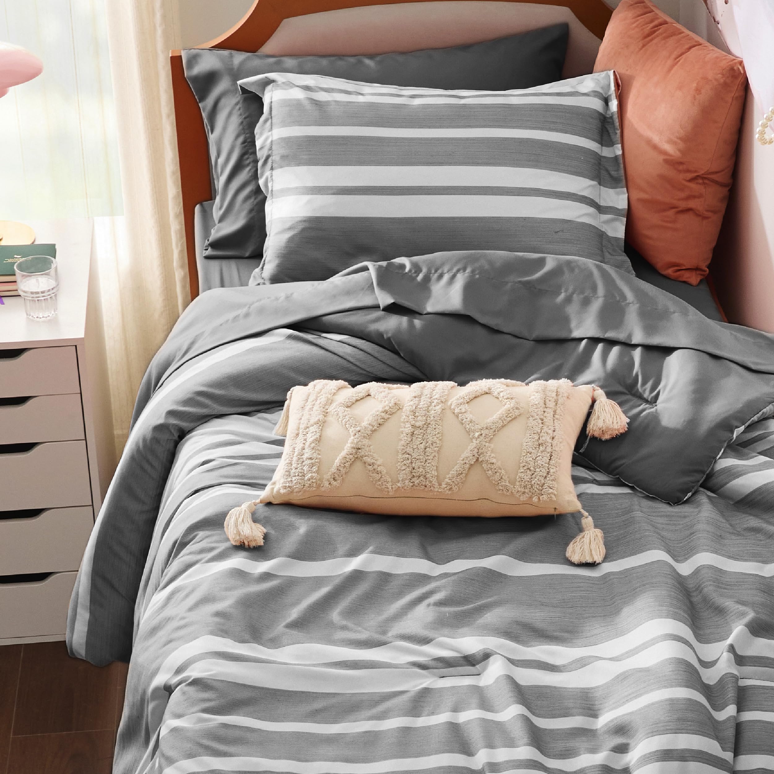 Bedsure Twin Comforter Set 5 Pieces, Gray White Striped Twin Bedding Sets All Season Bed Set, Twin Bed in a Bag with Comforter, Sheets, Pillowcase & Sham