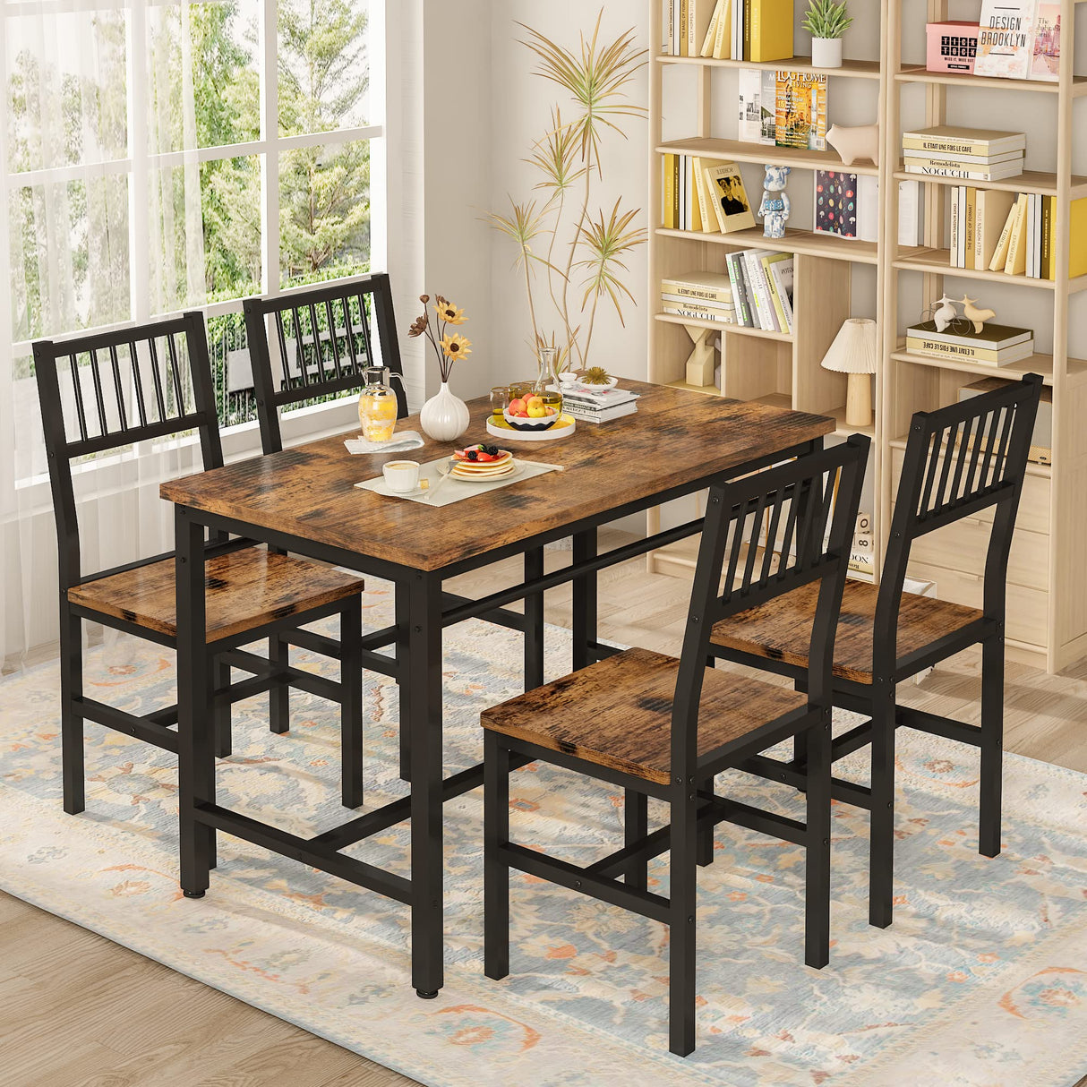 47.2 Inch Dining Table Set for 4,Industrial Table with 4 Curved Chairs Set