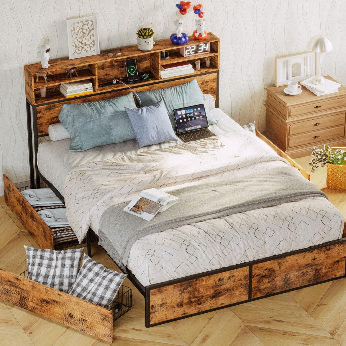 Queen Bed Frame with 4 Storage Drawers & Bookcase Headboard