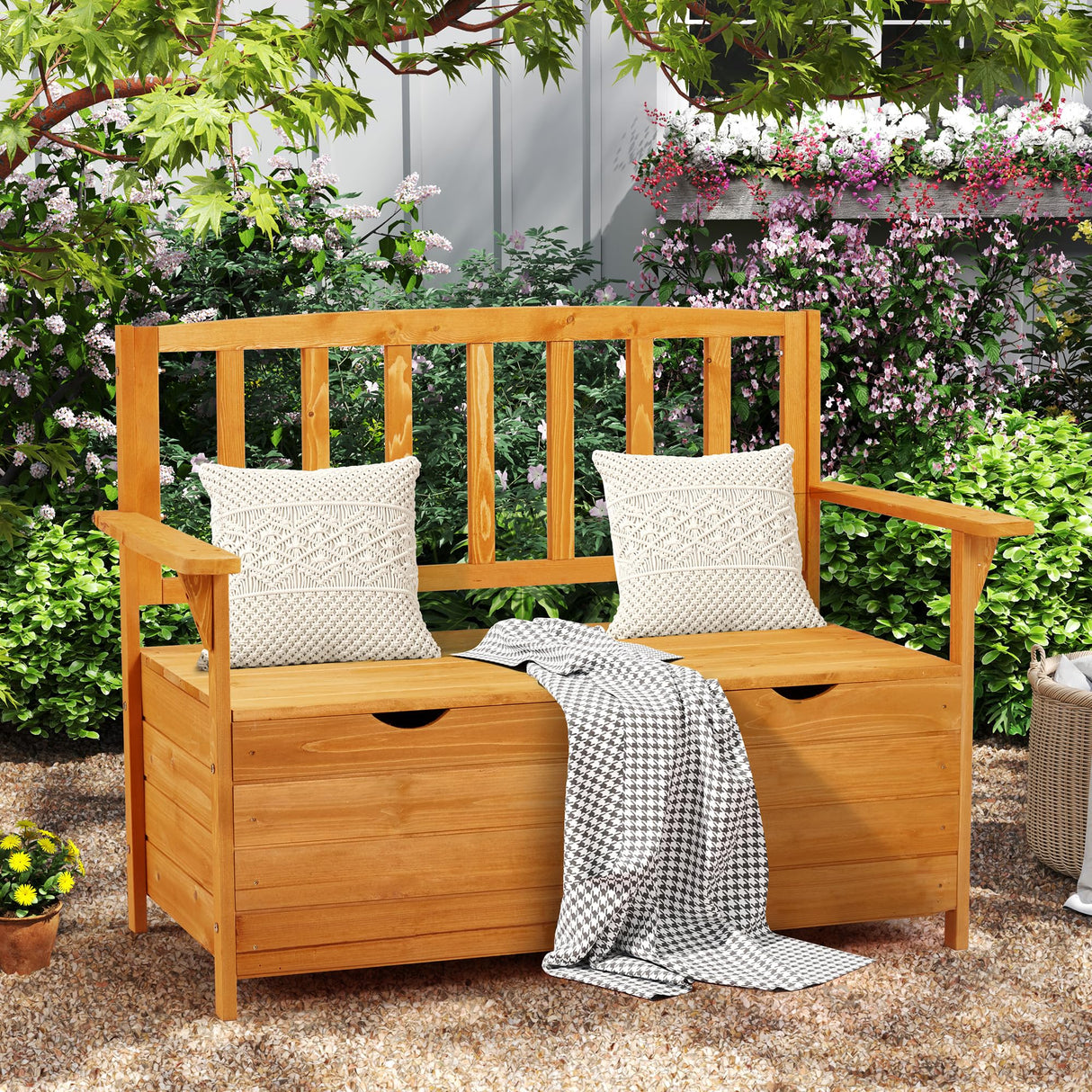 Outdoor Wooden Storage Bench, Patio Storage Box with Portable Handle & Seating, Deck