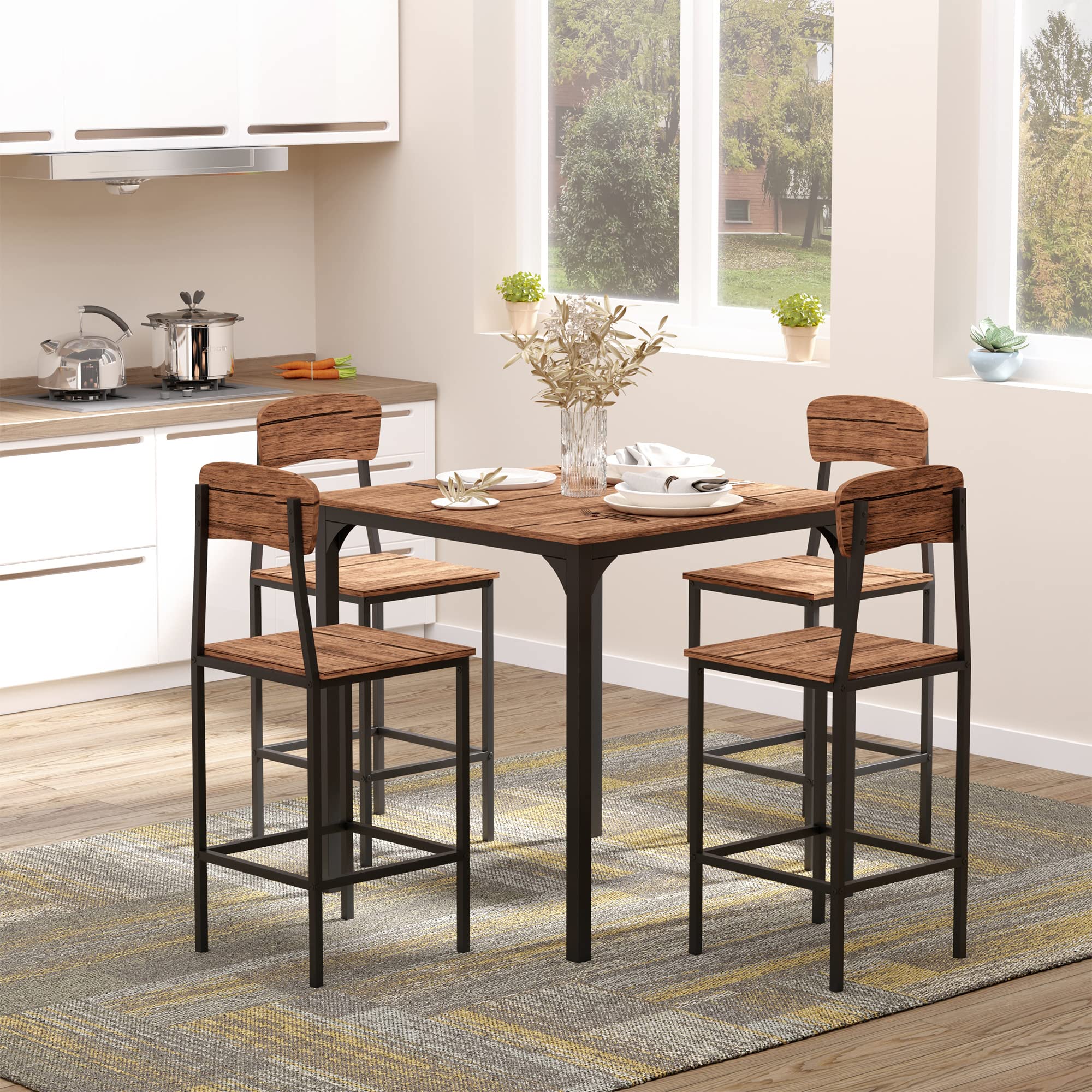 Counter Height Bar Table Set for 4, Square Kitchen Table and Chairs Set with Footrest