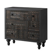 3 Drawer Farmhouse Dresser with Geometric Carved Pattern, Vintage Accent Wood Storage