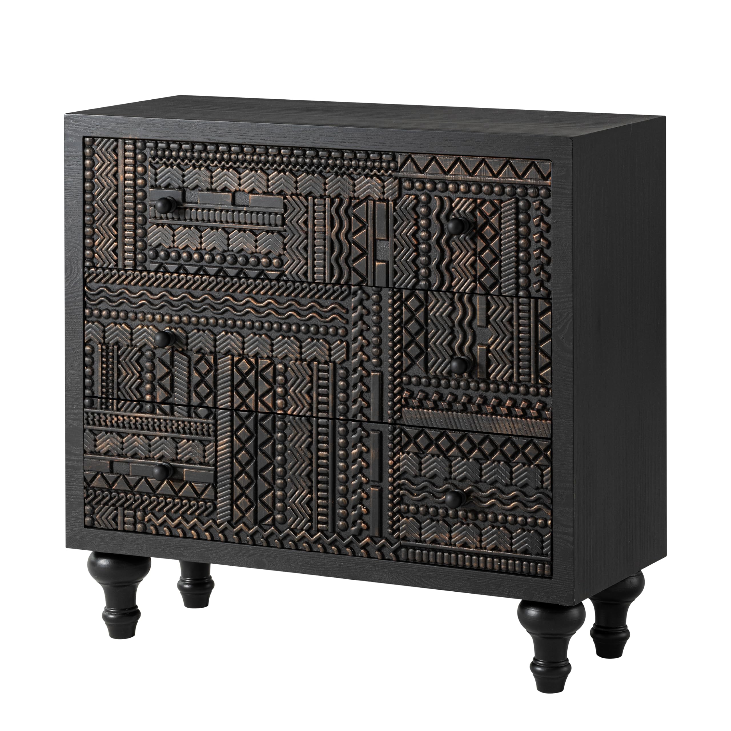 3 Drawer Farmhouse Dresser with Geometric Carved Pattern, Vintage Accent Wood Storage