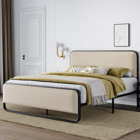 Queen Size Metal Bed Frame with Curved Upholstered Headboard and Footboard