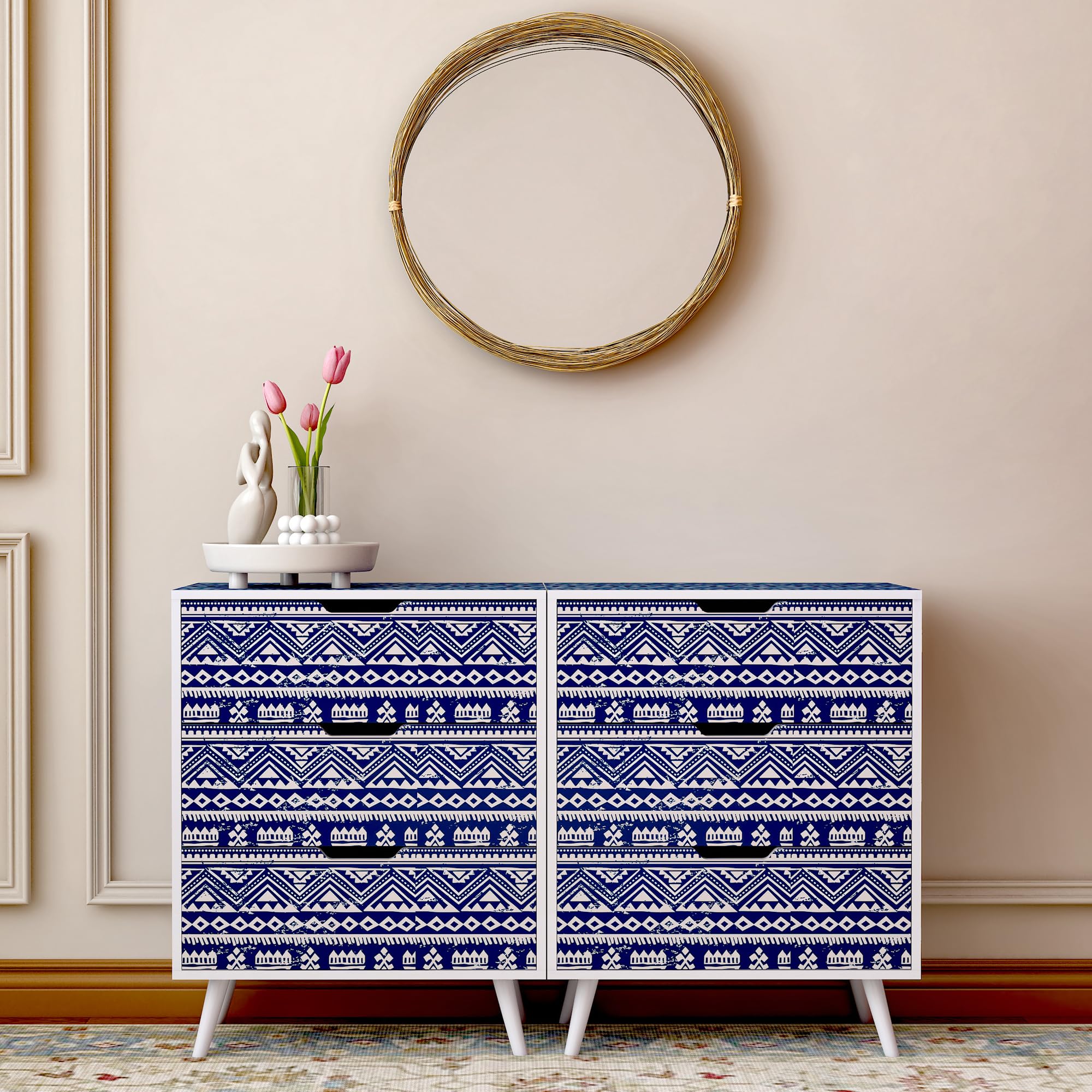 Boho Nightstand Set of 2,Blue Night Stand with 3 Drawer,Bohemian Nightstand Bedside
