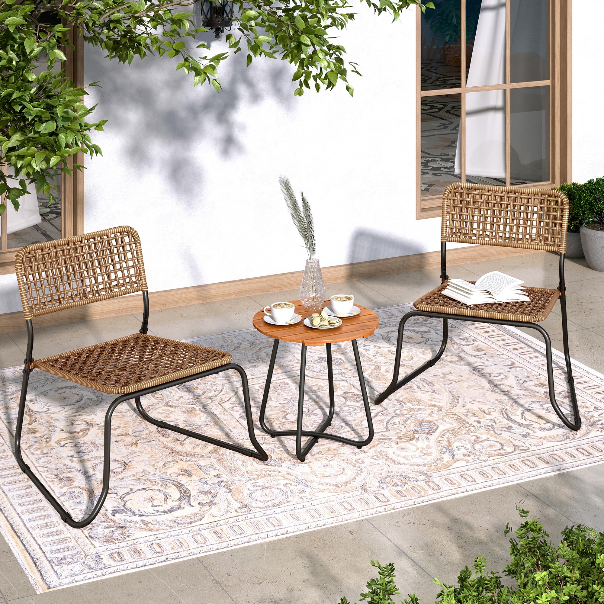3-Piece Bistro Set - Stackable PE Rattan Chairs & Acacia Wood Table, Modern Outdoor