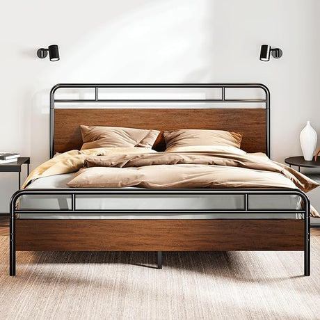 King Size Bed Frame with Wooden Headboard and Footboard, Rounded Corner Metal