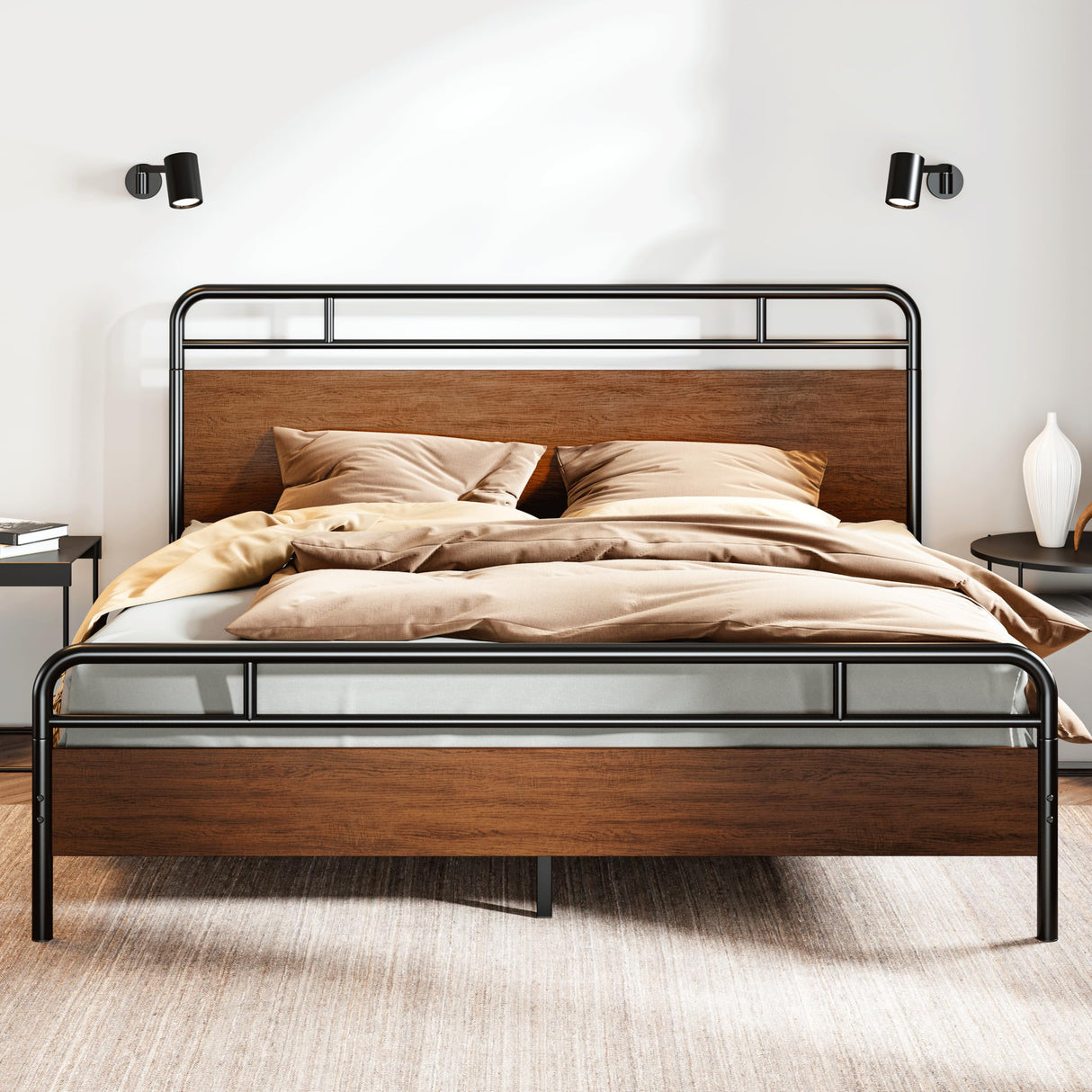 Wooden Headboard and Footboard, Rounded Corner Metal Structure, Heavy Duty Slats