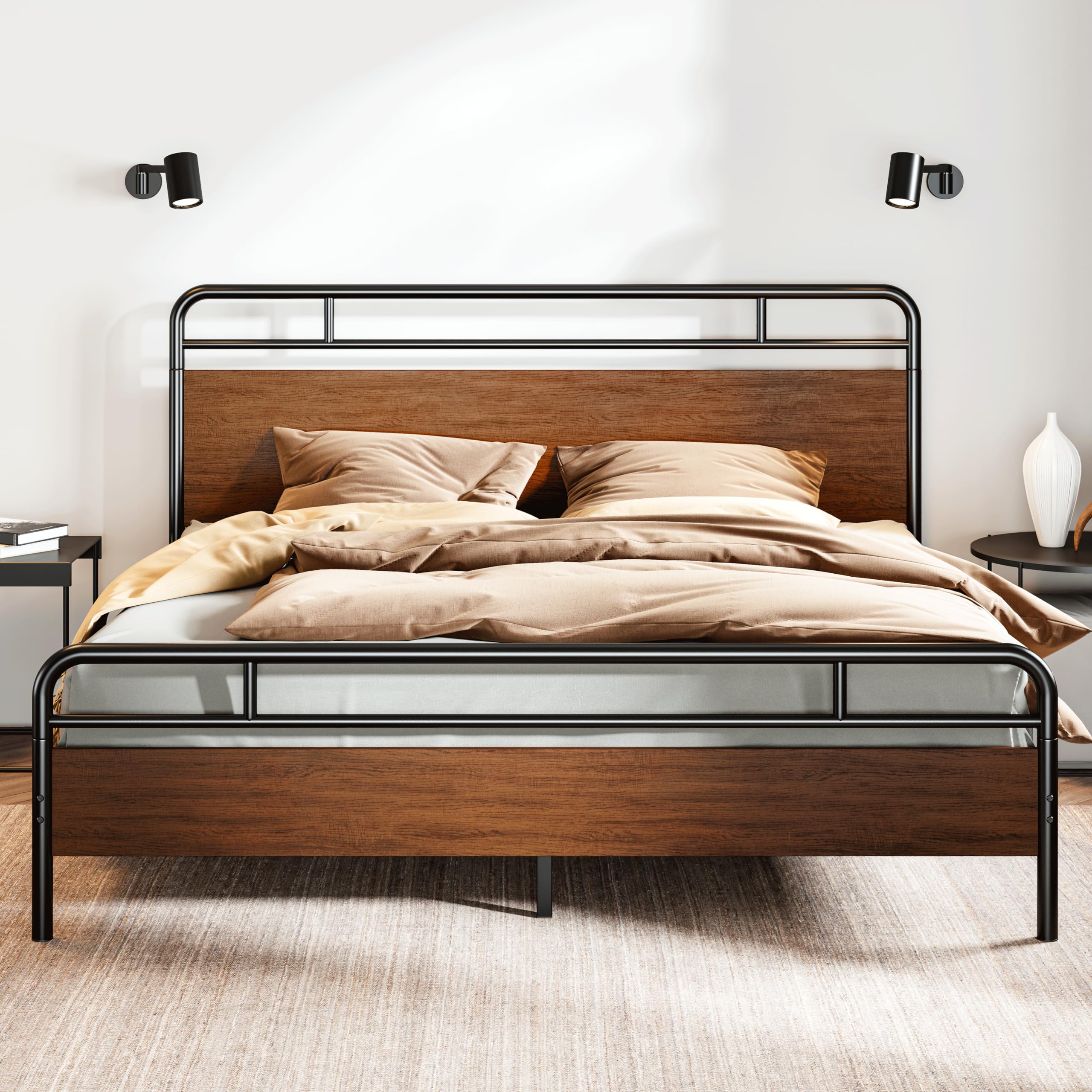 Wooden Headboard and Footboard, Rounded Corner Metal Structure, Heavy Duty Slats
