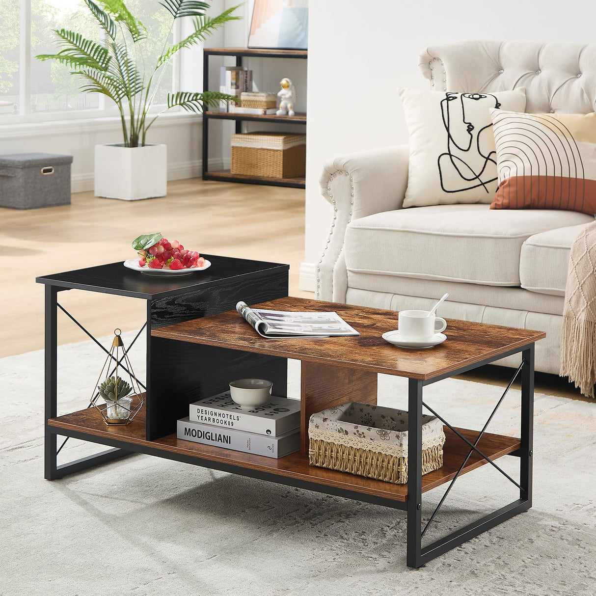 2-Tier Black Coffee Table with Storage Shelf for Living Room/Office Reception, Metal