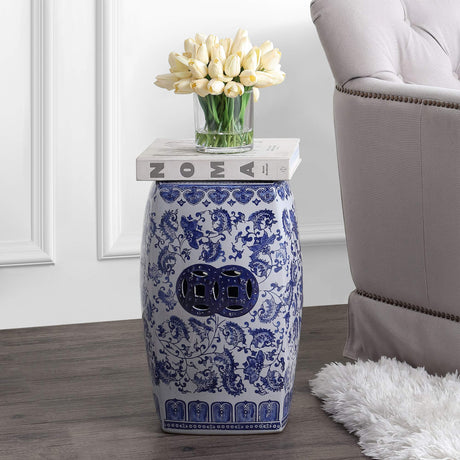 TBL1011A Floral Vine 18.5" Chinoiserie Ceramice Square Garden Stool Bohemian,