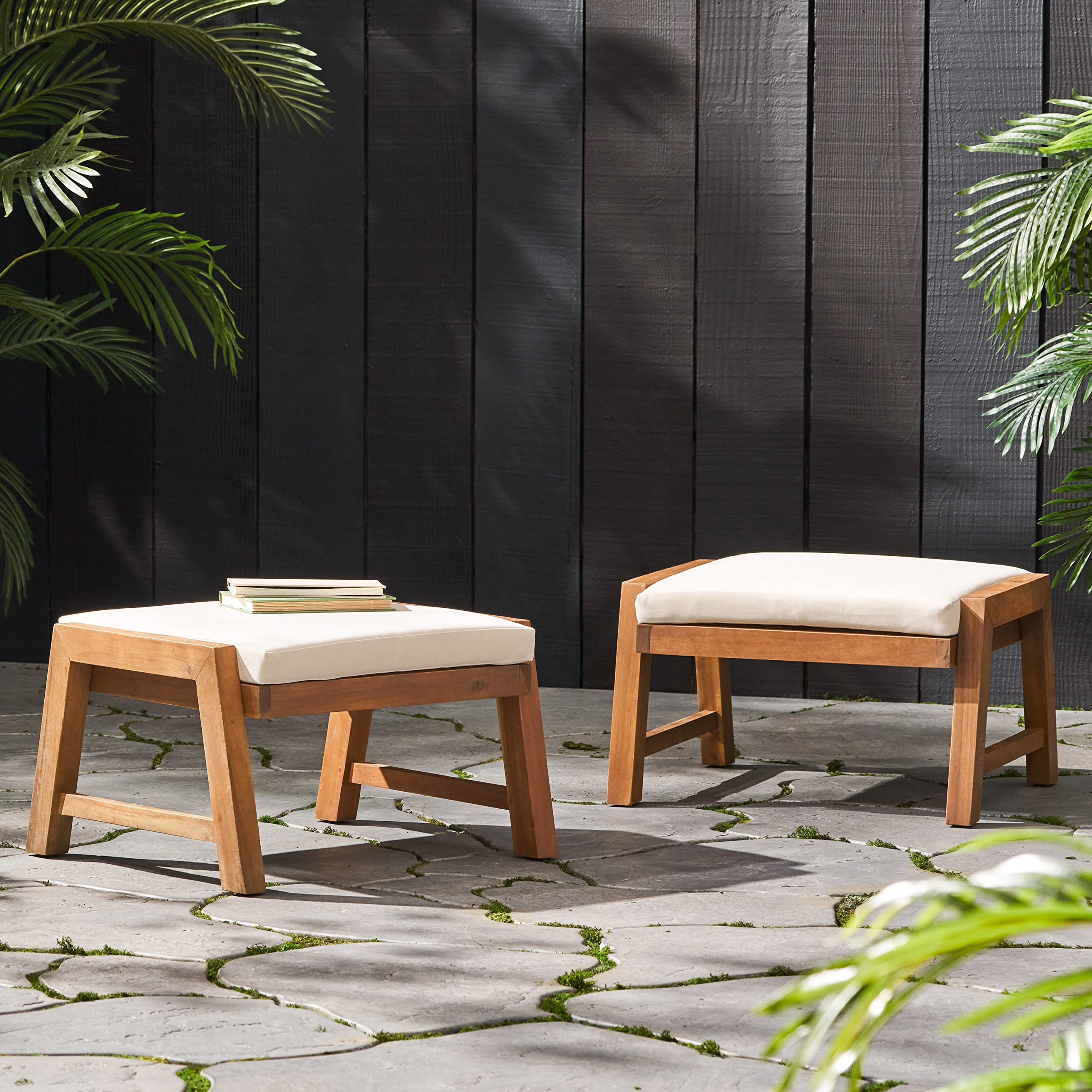 Temecula Outdoor Ottomans with Cushion (Set of 2) - Acacia Wood - Brown/Cream