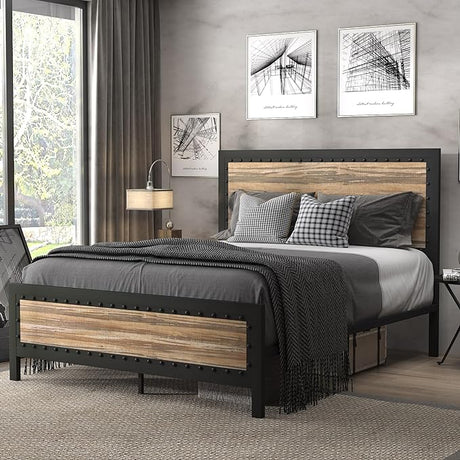 Heavy Duty Metal Bed Frame Queen Size, Platform Bed Frame with Wooden Headboard Footboard,