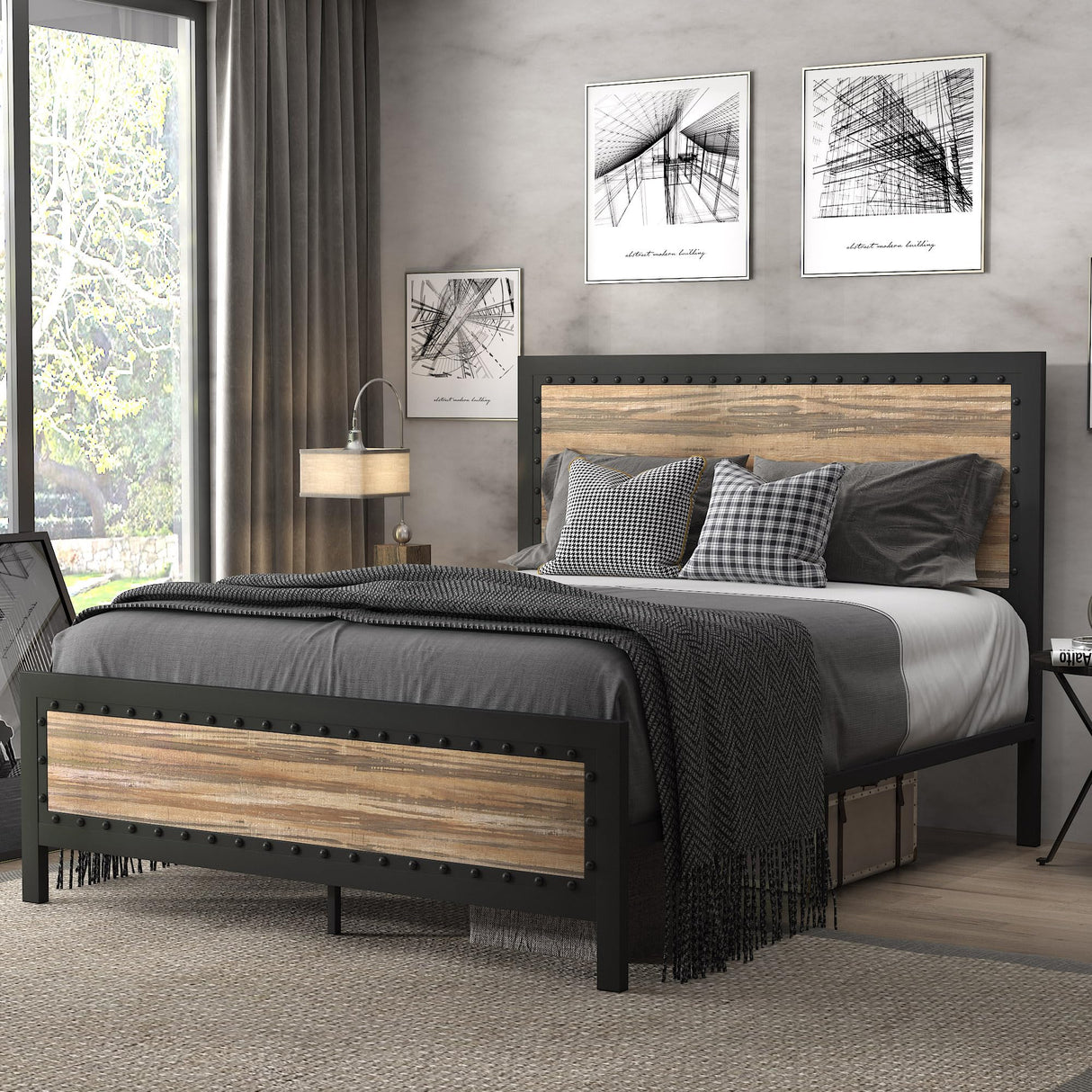 Heavy Duty Metal Bed Frame Queen Size, Platform Bed Frame with Wooden Headboard Footboard,