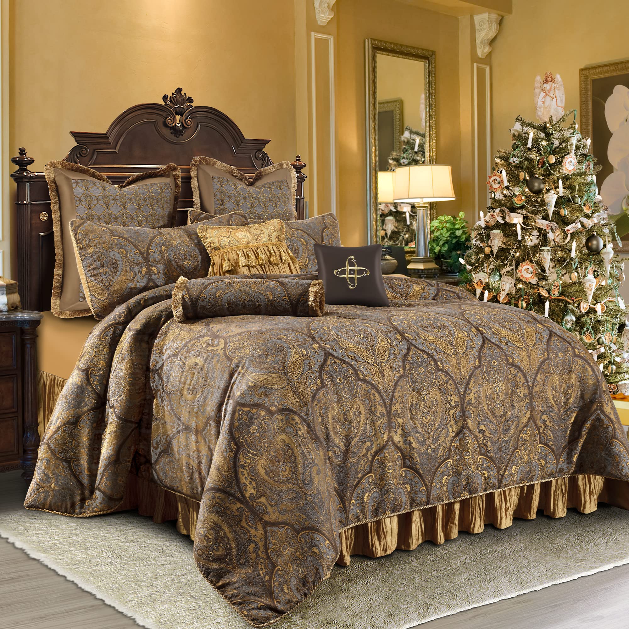 9-Piece Jacquard Comforter Set - Luxury Damask Bedding with Euro Shams & Bedskirt (Bronze Gold, Queen)