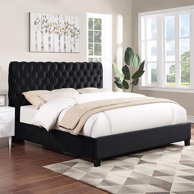 Apoera Velvet Upholstered Button Tufted Bed, King, Gray